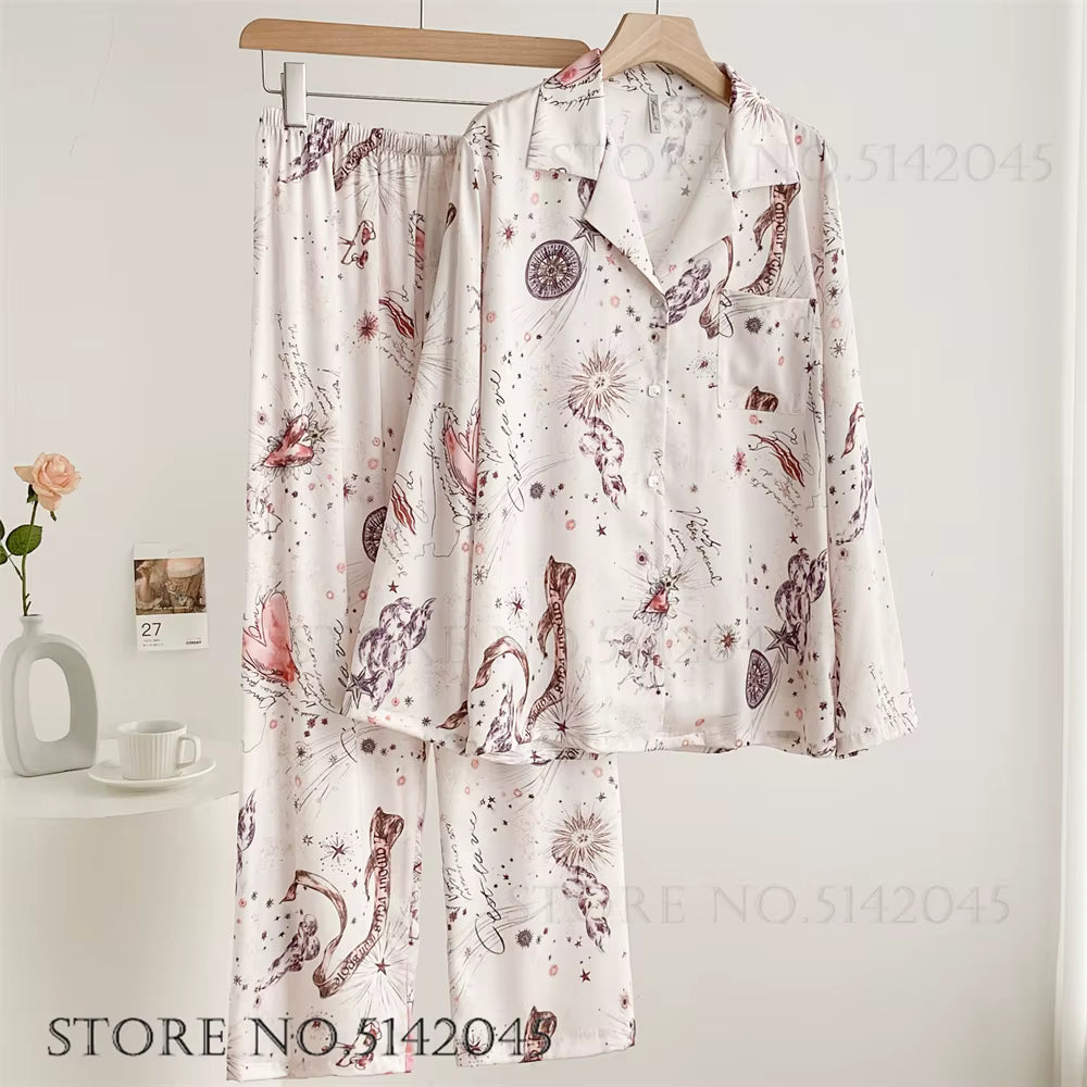 Floral Satin Pajama Set | Women's Loose Fit | Long Sleeve 2-Piece Sleepwear | Steven & Levon