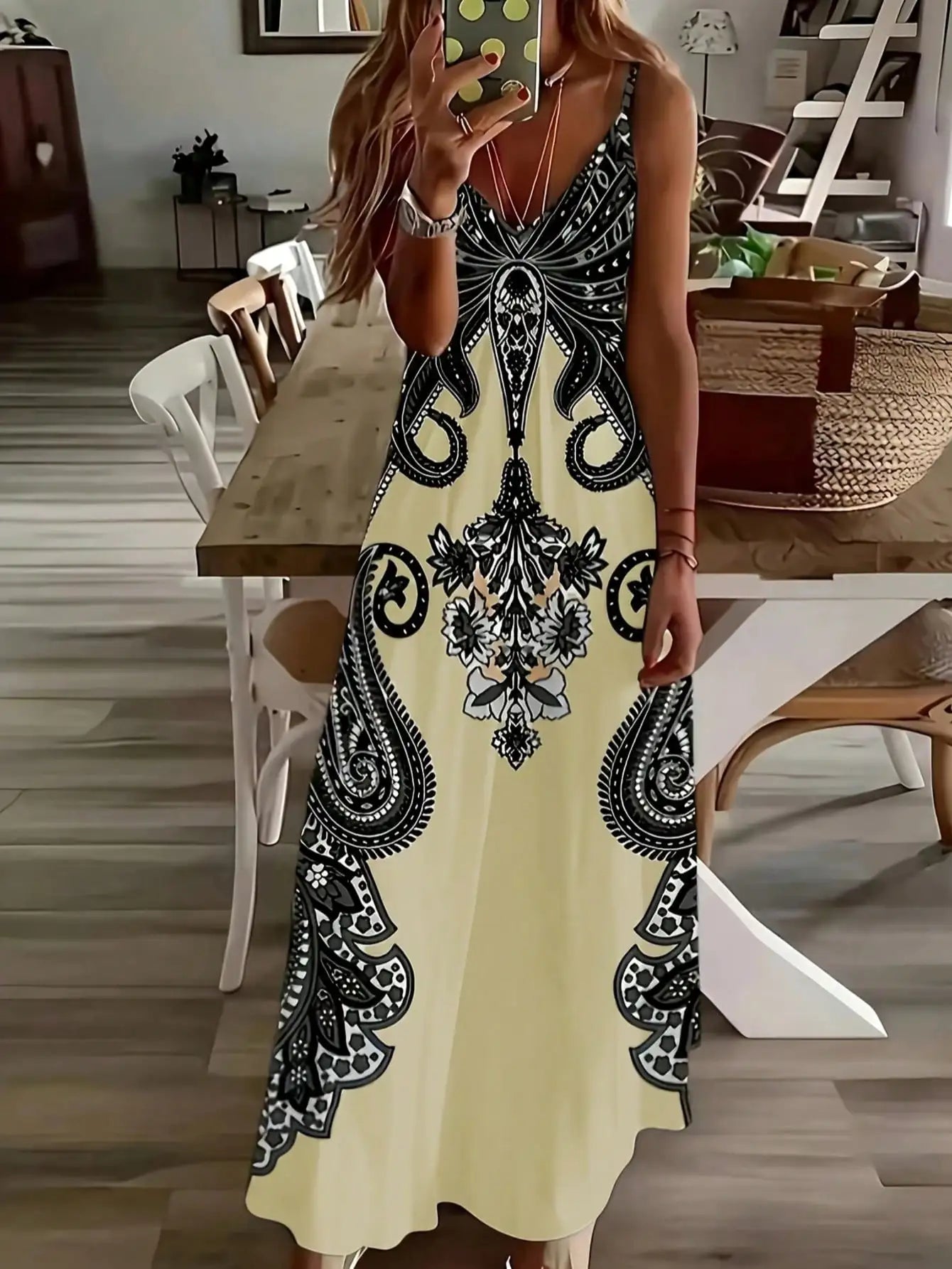 Maxi Dress | Women's Floral V-Neck Long Sleeve Boho Dress | Steven & Levon