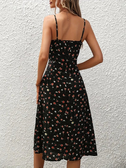 Midi Dress | Women's Floral Square Neck Spaghetti Strap Dress | Steven & Levon