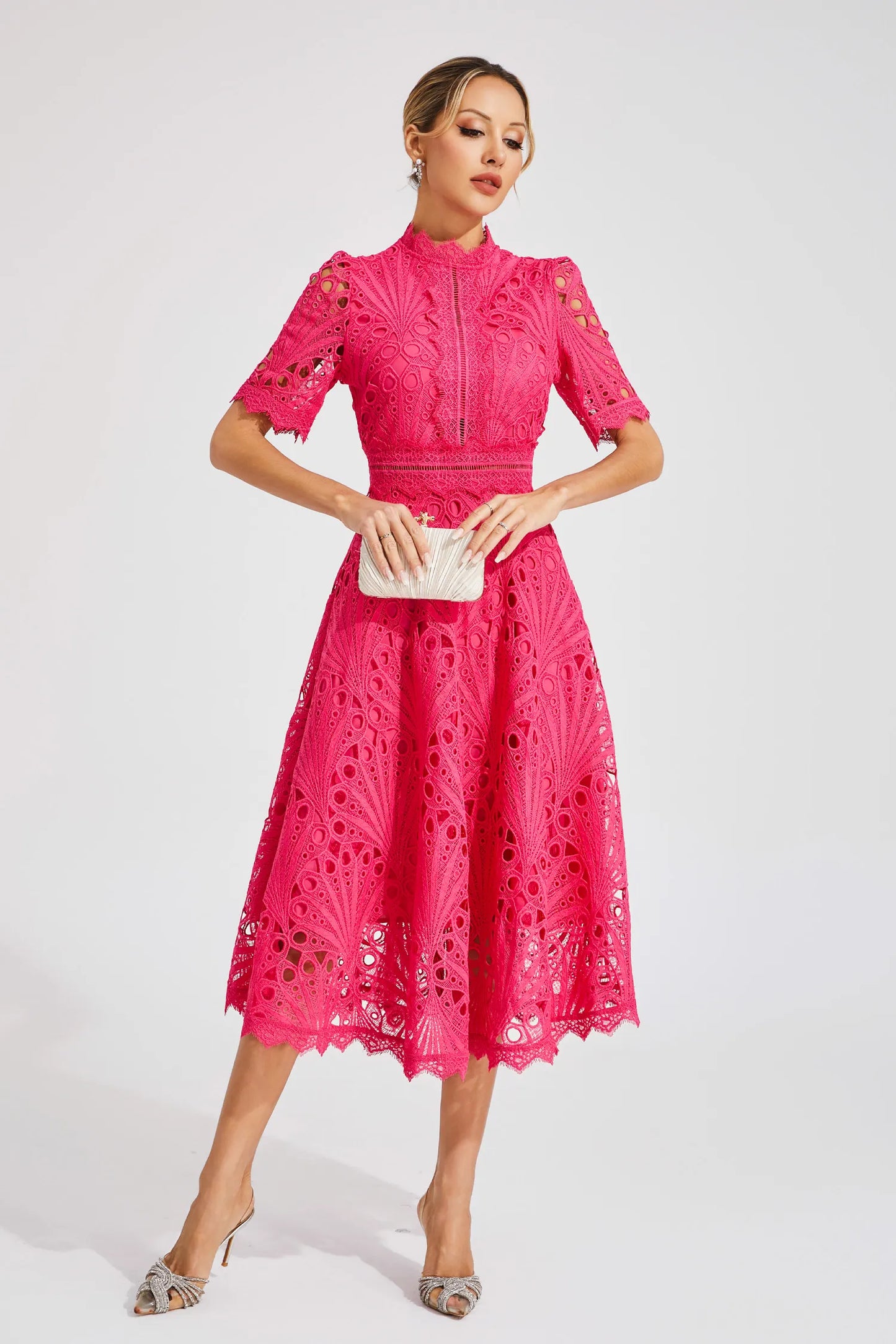 Women's Lace High Neck Midi Dress | Women | Lace | Elegant Midi Length Formal Occasion Dress | Steven & Levon