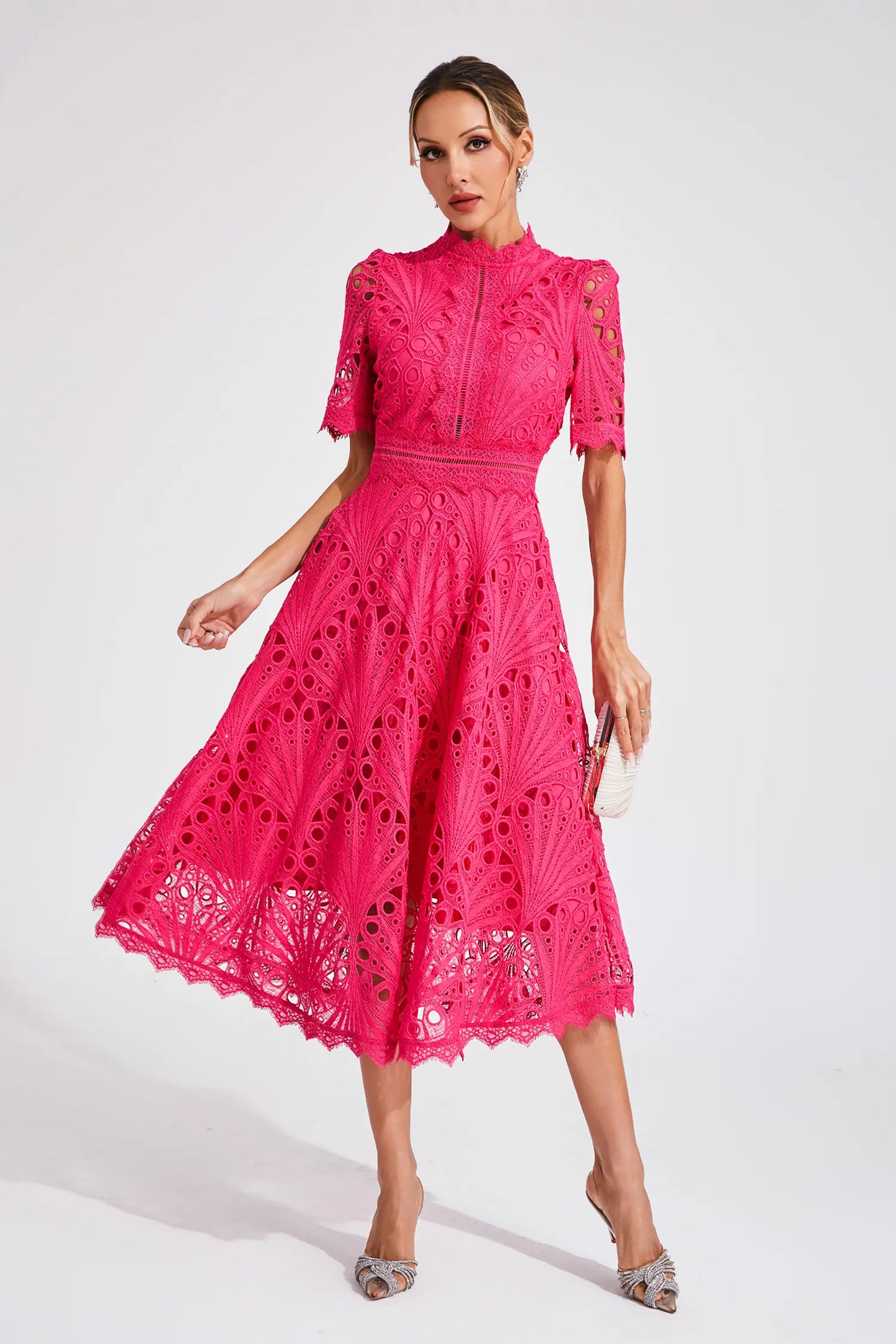 Women's Lace High Neck Midi Dress | Women | Lace | Elegant Midi Length Formal Occasion Dress | Steven & Levon