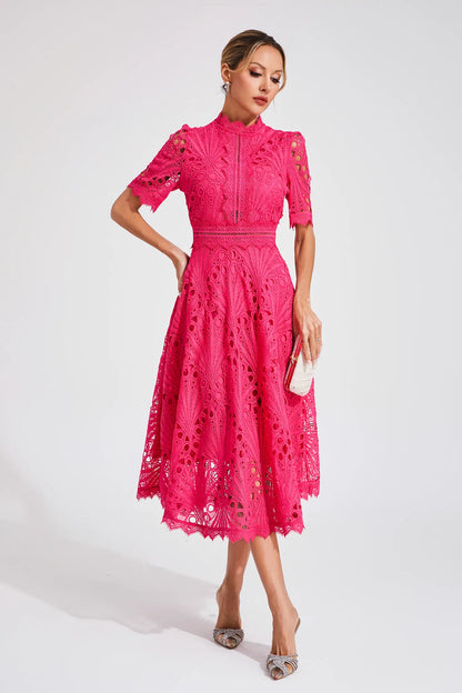Women's Lace High Neck Midi Dress | Women | Lace | Elegant Midi Length Formal Occasion Dress | Steven & Levon