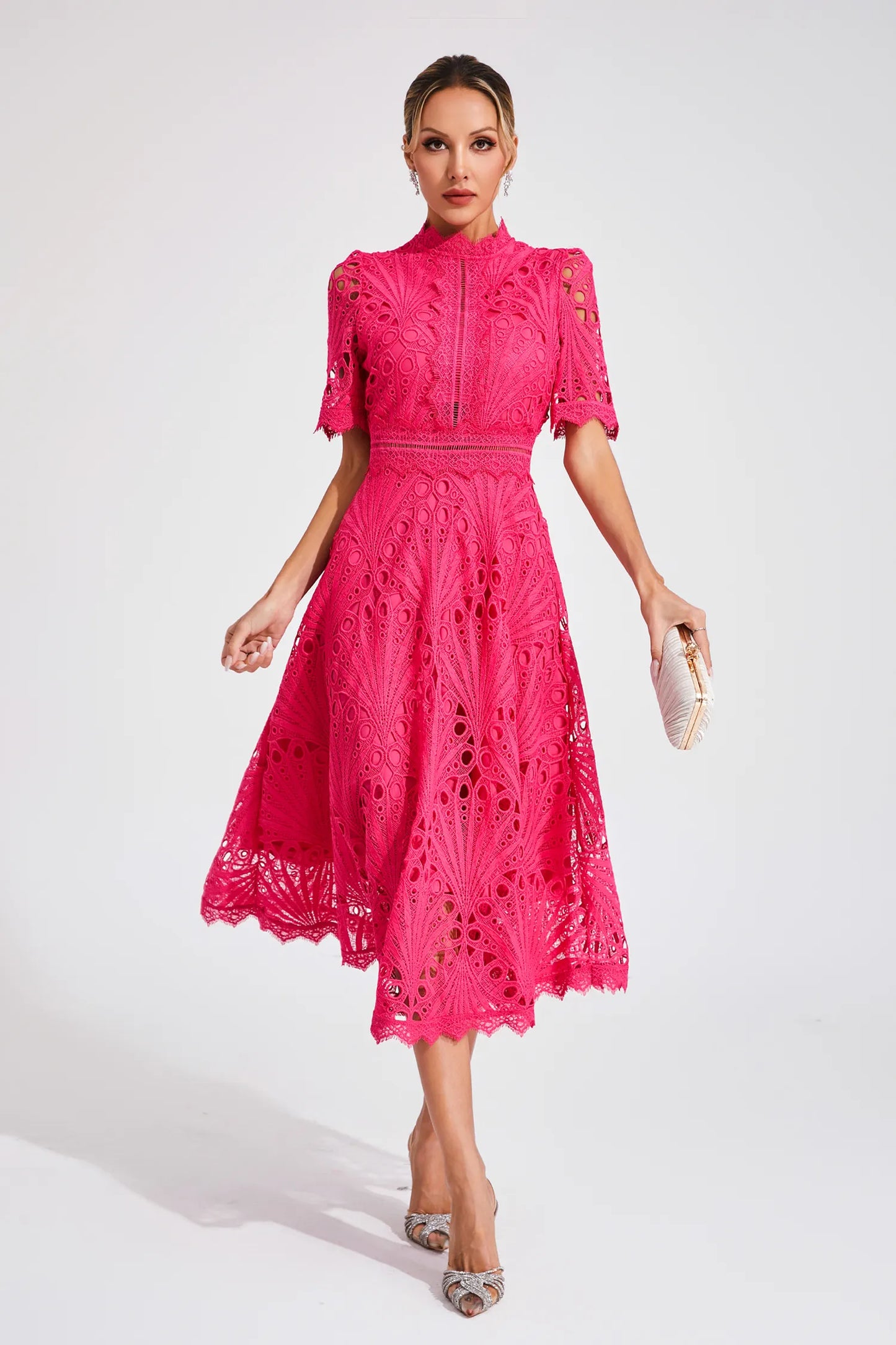 Women's Lace High Neck Midi Dress | Women | Lace | Elegant Midi Length Formal Occasion Dress | Steven & Levon