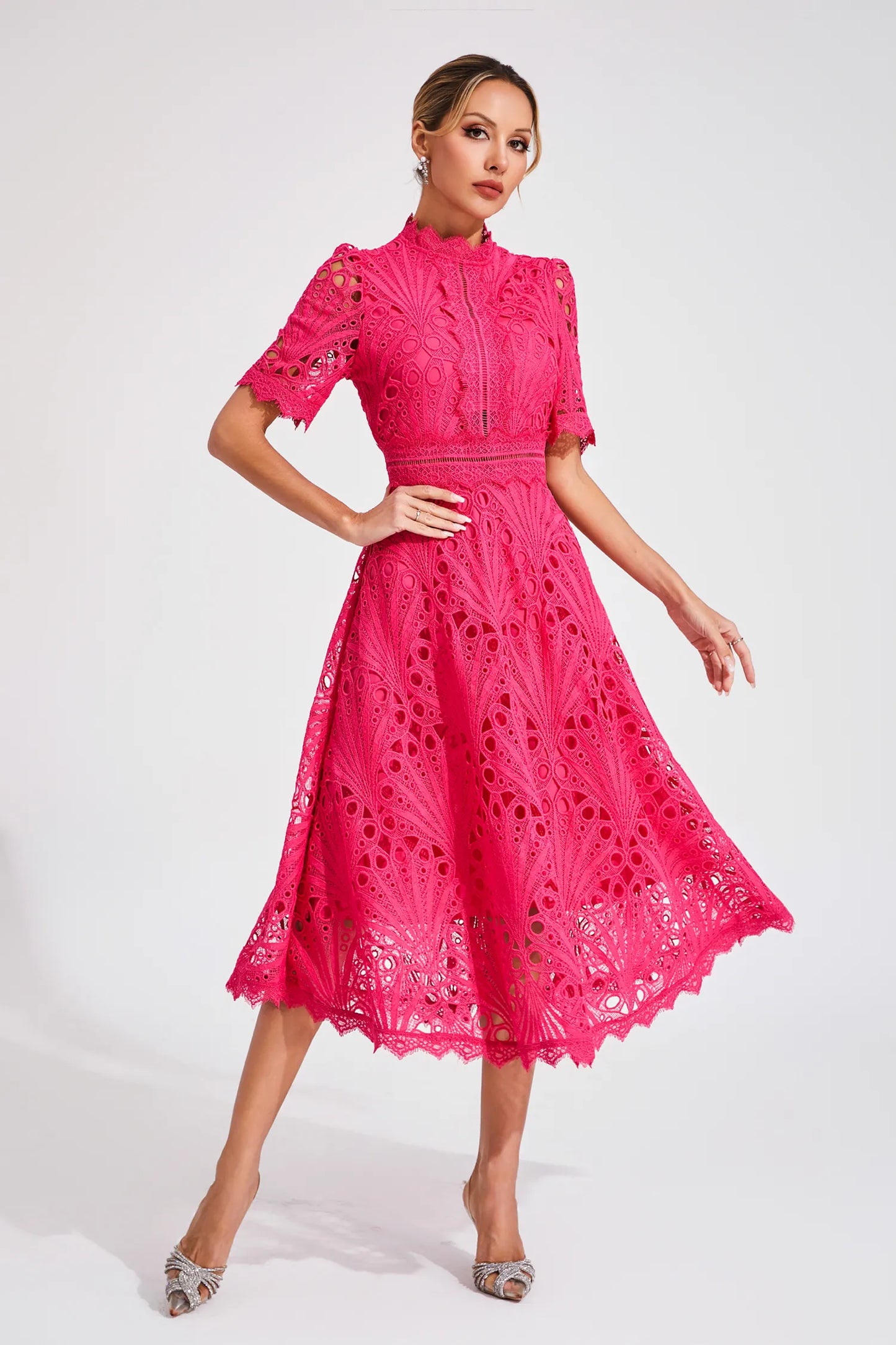 Women's Lace High Neck Midi Dress | Women | Lace | Elegant Midi Length Formal Occasion Dress | Steven & Levon
