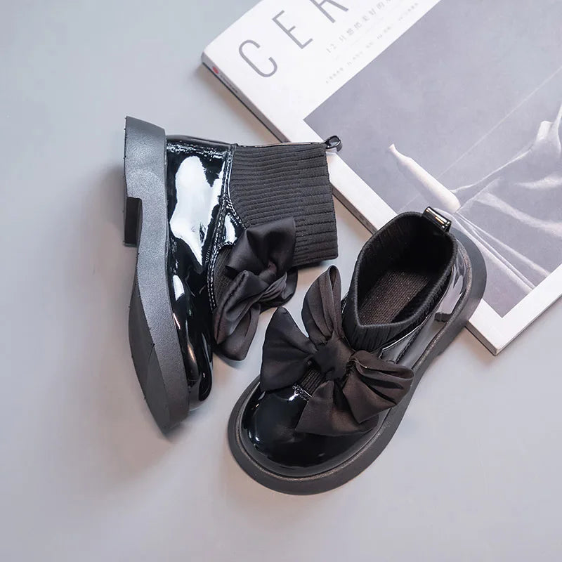 Girls Bow Ankle Boots | Patent Leather | Non-Slip Zip School Fashion Boots | Steven & Levon