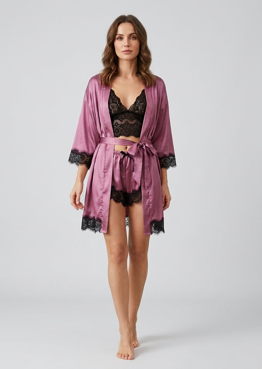 Women's 4-Piece Pajama Set | Satin & Lace | Silk Robe | Summer Sleepwear | Steven & Levon