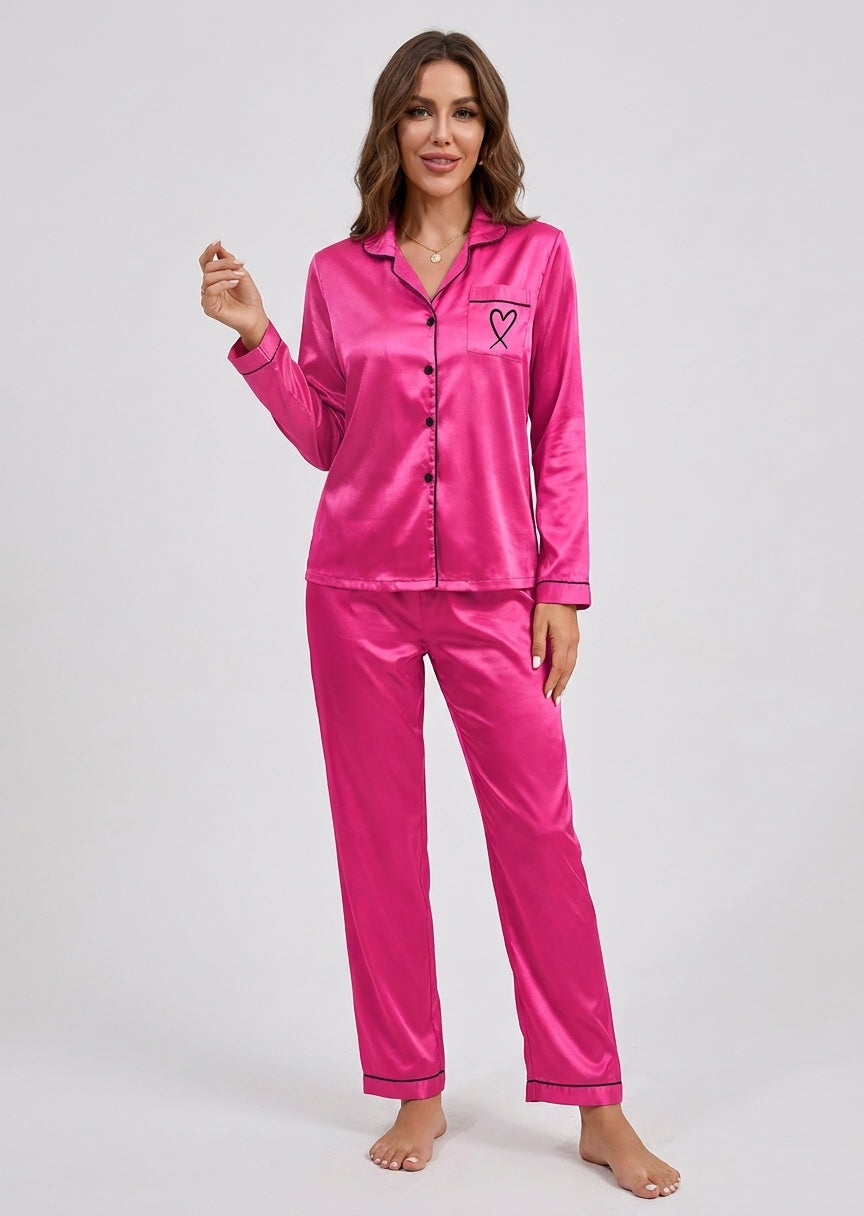 Satin Pajama Set | Women's Long Sleeve & Pants | Heart Embroidery Sleepwear | Steven & Levon
