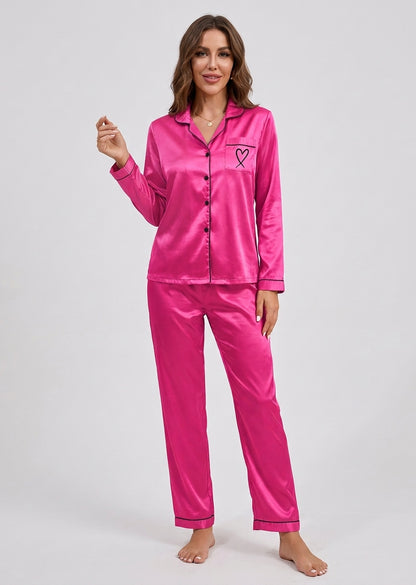 Satin Pajama Set | Women's Long Sleeve & Pants | Heart Embroidery Sleepwear | Steven & Levon