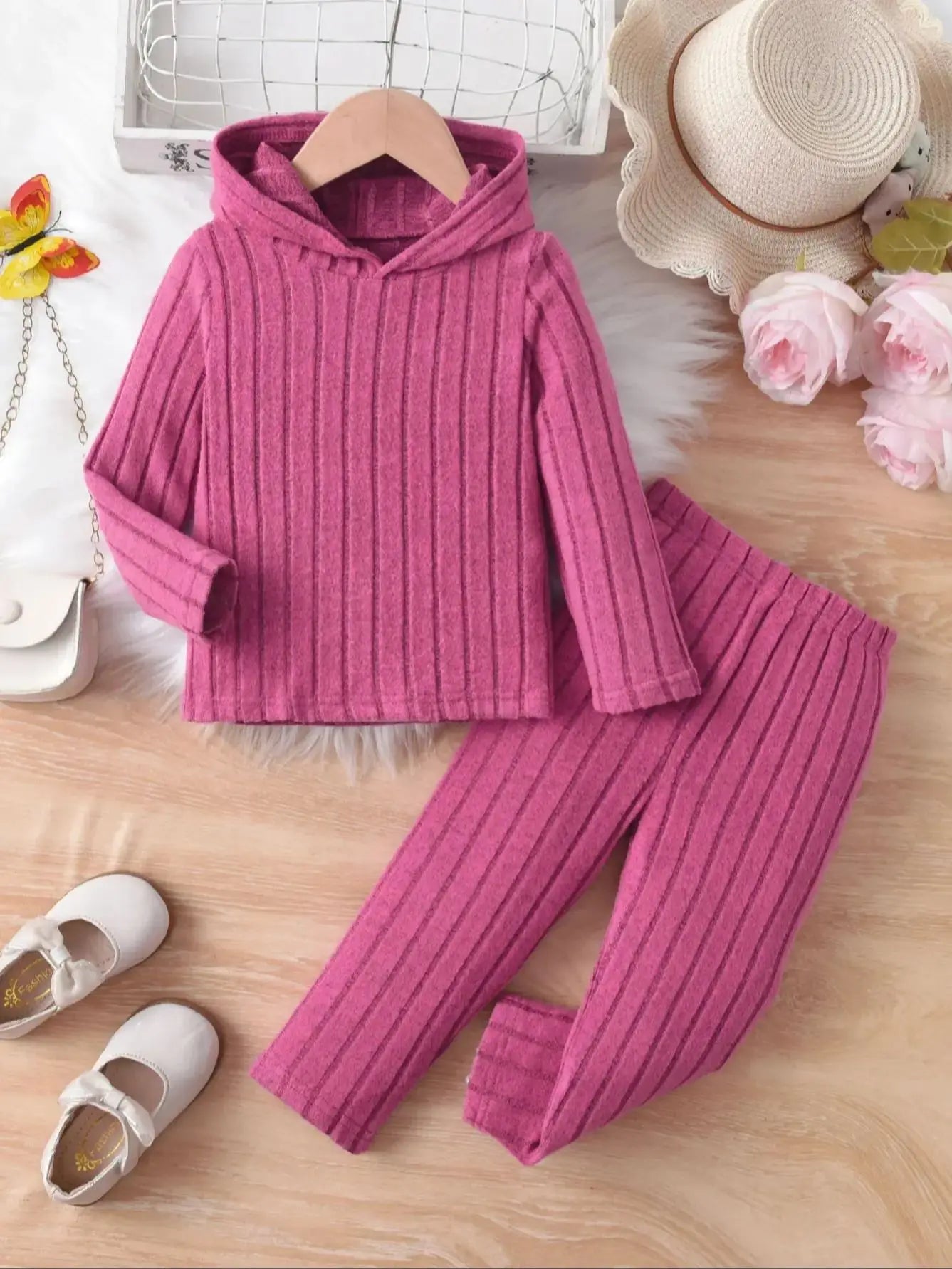 Gina | Girls Hoodie & Pants Set | Ribbed Knit | Embroidered 2-Piece Casual Outfit | Steven & Levon