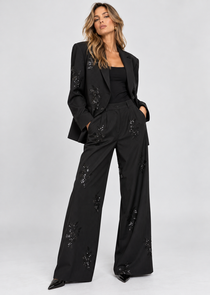 Women's Sequin Blazer | Co Ord Set | Wide Leg Trousers | Black | Steven & Levon