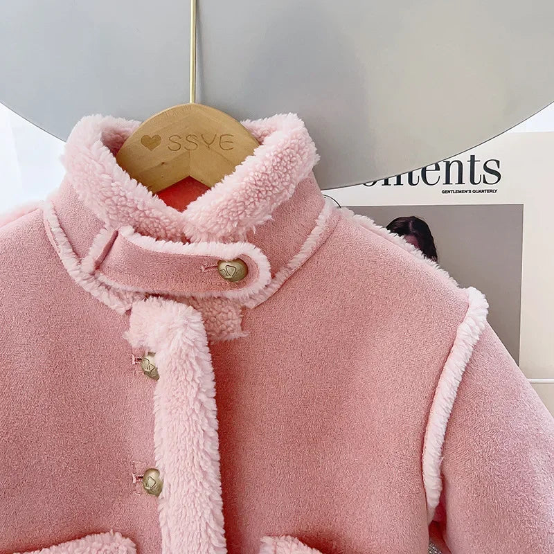 Girls Sherpa Lined Jacket | Kids | Button Front | Plush Winter Coat | Warm Outerwear | Steven & Levon