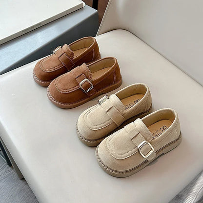 Girls Loafers | Soft Suede | Buckle Strap | Casual School Shoes | Brown | Steven & Levon