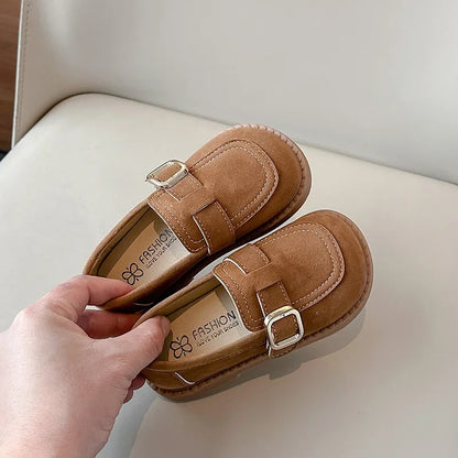 Girls Loafers | Soft Suede | Buckle Strap | Casual School Shoes | Brown | Steven & Levon