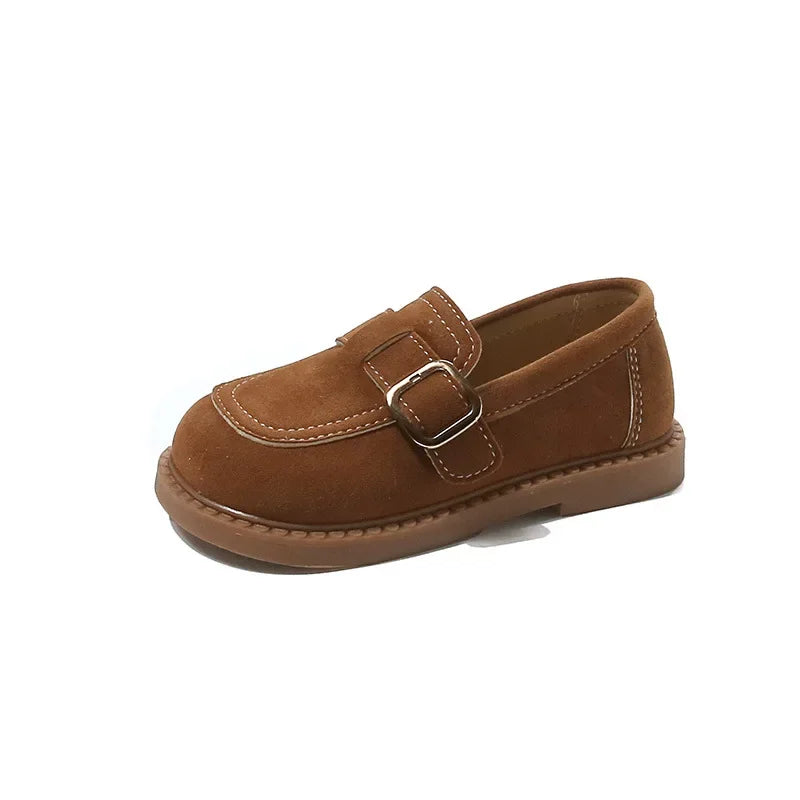 Girls Loafers | Soft Suede | Buckle Strap | Casual School Shoes | Brown | Steven & Levon