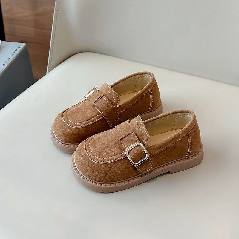 Girls Loafers | Soft Suede | Buckle Strap | Casual School Shoes | Brown | Steven & Levon