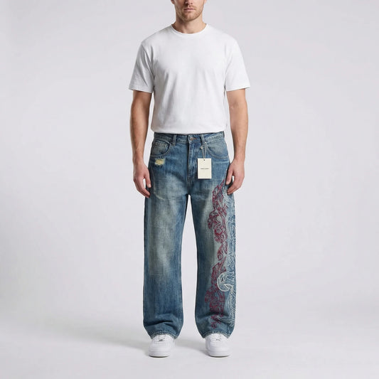 Grunvik - Wide-Leg Baggy Embroidered Jeans  Casual Street Styling