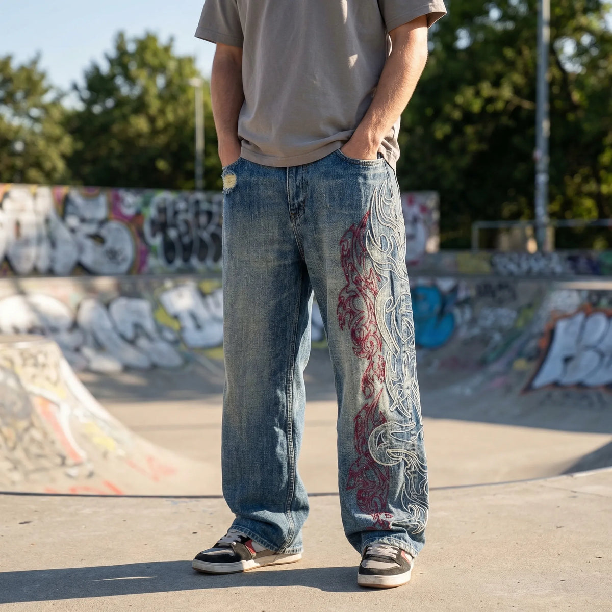 Grunvik - Wide-Leg Baggy Embroidered Jeans  Casual Street Styling