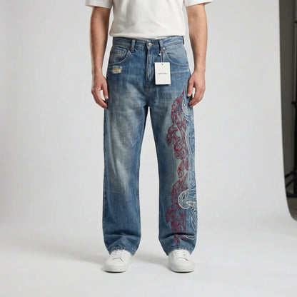 Grunvik - Wide-Leg Baggy Embroidered Jeans  Casual Street Styling