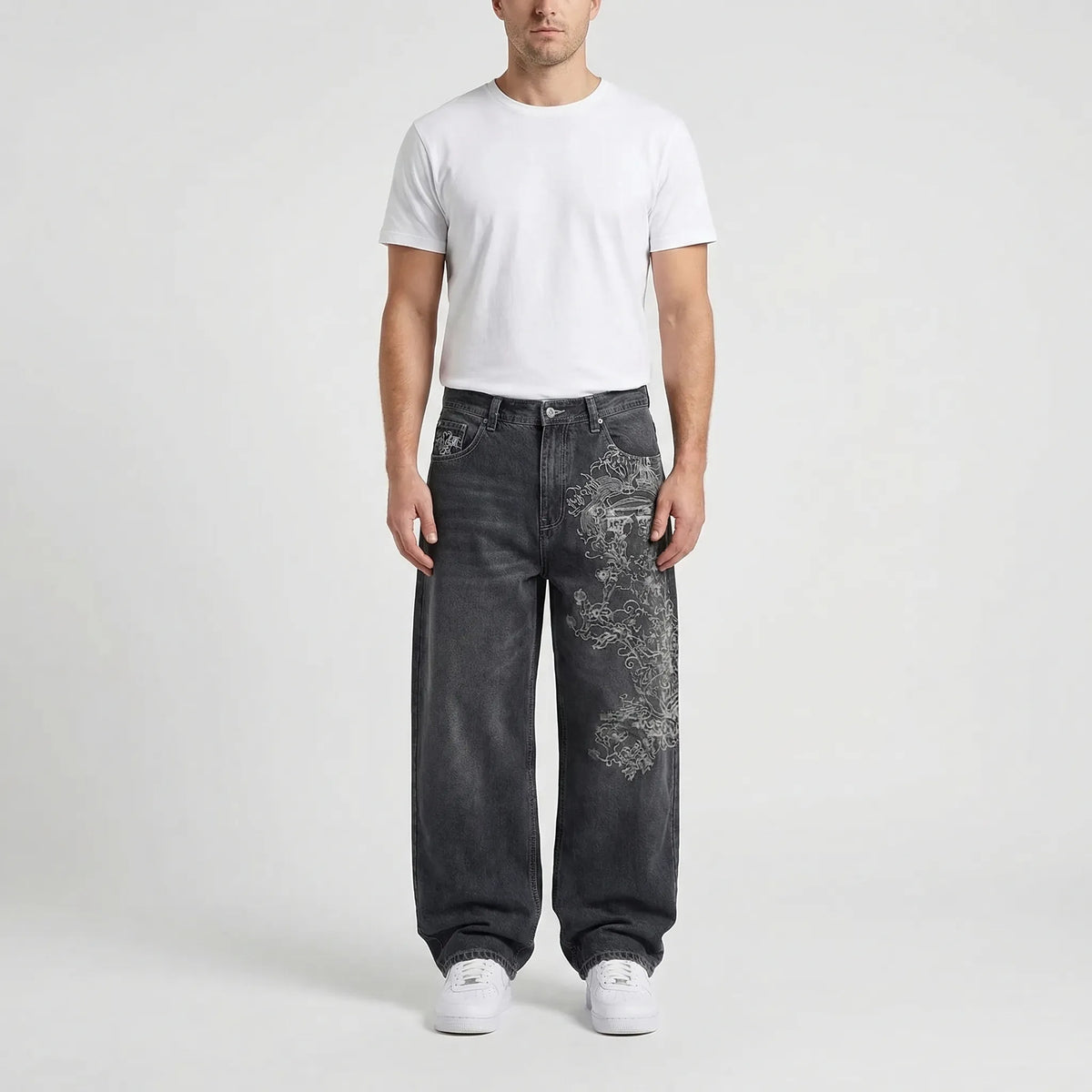 Grunvik - Wide-Leg Baggy Embroidered Jeans  Casual Street Styling
