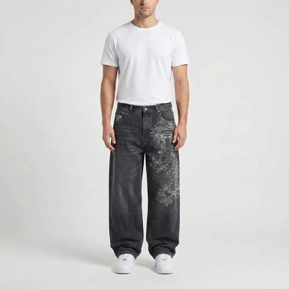 Grunvik - Wide-Leg Baggy Embroidered Jeans  Casual Street Styling