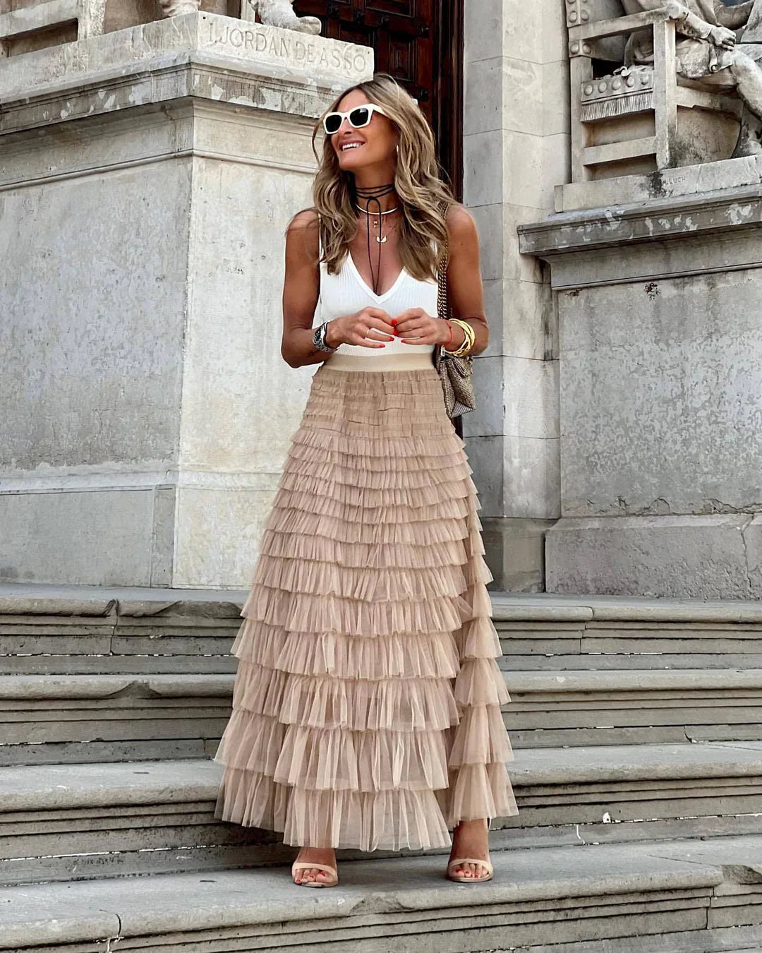 Tulle Maxi Skirt | Women | Layered Tulle | Elastic Waistband | Flowy A-Line Skirt | Steven & Levon