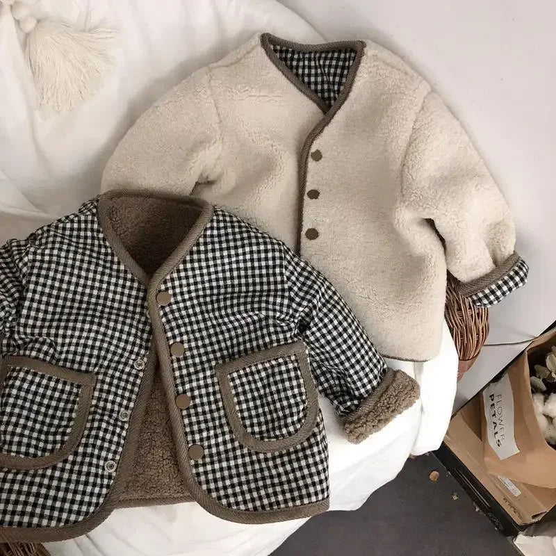 Kids Reversible Fleece Jacket | Boys & Girls | Plaid Lining | Winter Coat | Warm Outerwear | Steven & Levon