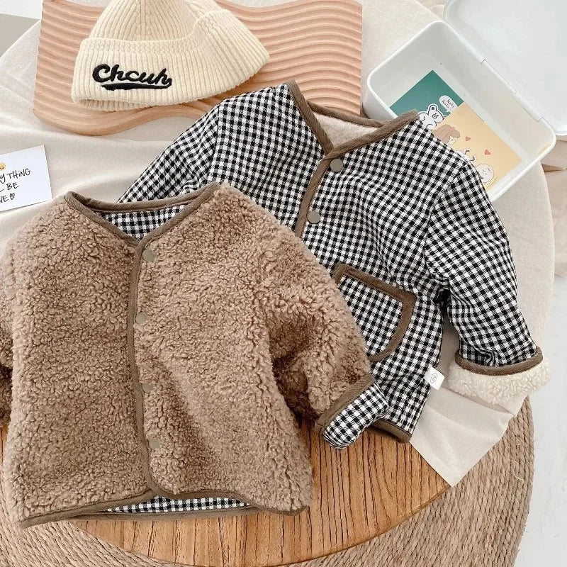 Kids Reversible Fleece Jacket | Boys & Girls | Plaid Lining | Winter Coat | Warm Outerwear | Steven & Levon