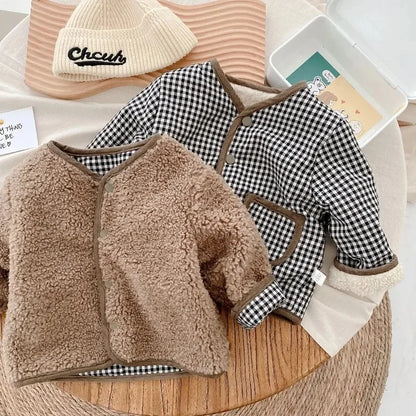 Kids Reversible Fleece Jacket | Boys & Girls | Plaid Lining | Winter Coat | Warm Outerwear | Steven & Levon