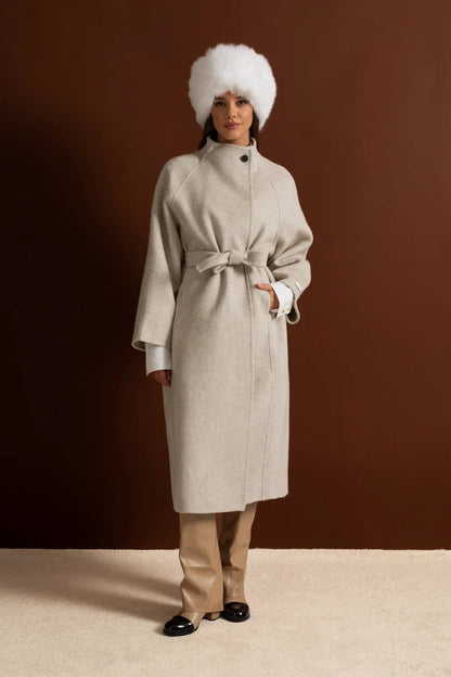 Midi Coat | Women | High Neck | Belted | Beige | Winter Overcoat | Steven & Levon