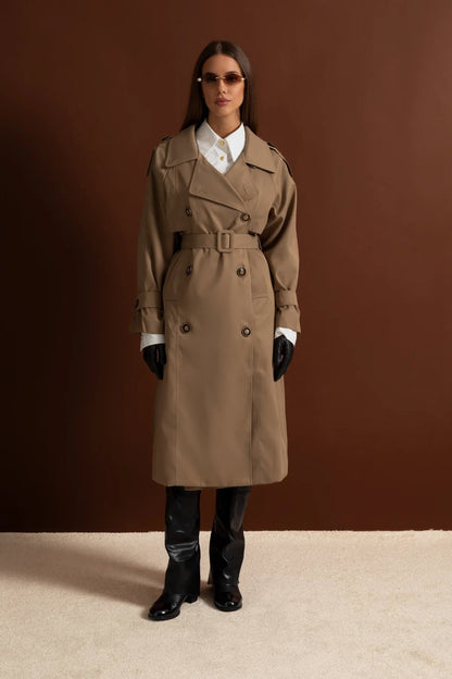 Women's Double Breasted Mid Length Trench Coat | Khaki | Belted Waist | Classic Outerwear | Steven & Levon
