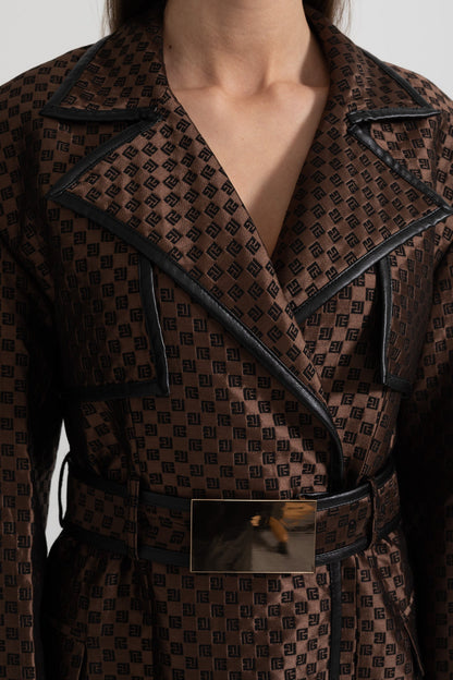 Women's Jacquard Trench Coat | Brown | Wide Lapel | Gold Buckle Belt | Steven & Levon