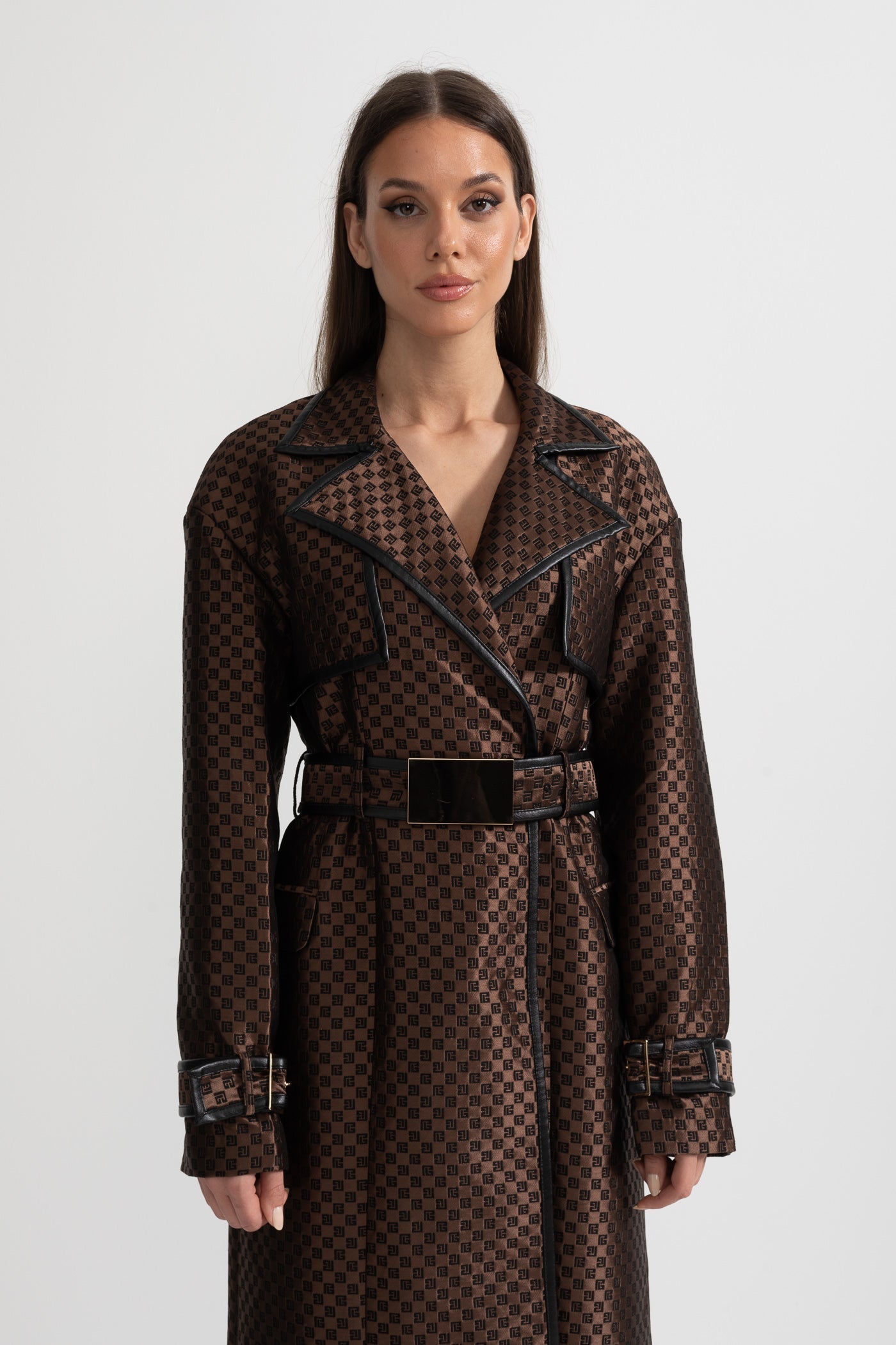 Women's Jacquard Trench Coat | Brown | Wide Lapel | Gold Buckle Belt | Steven & Levon