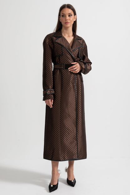Women's Jacquard Trench Coat | Brown | Wide Lapel | Gold Buckle Belt | Steven & Levon