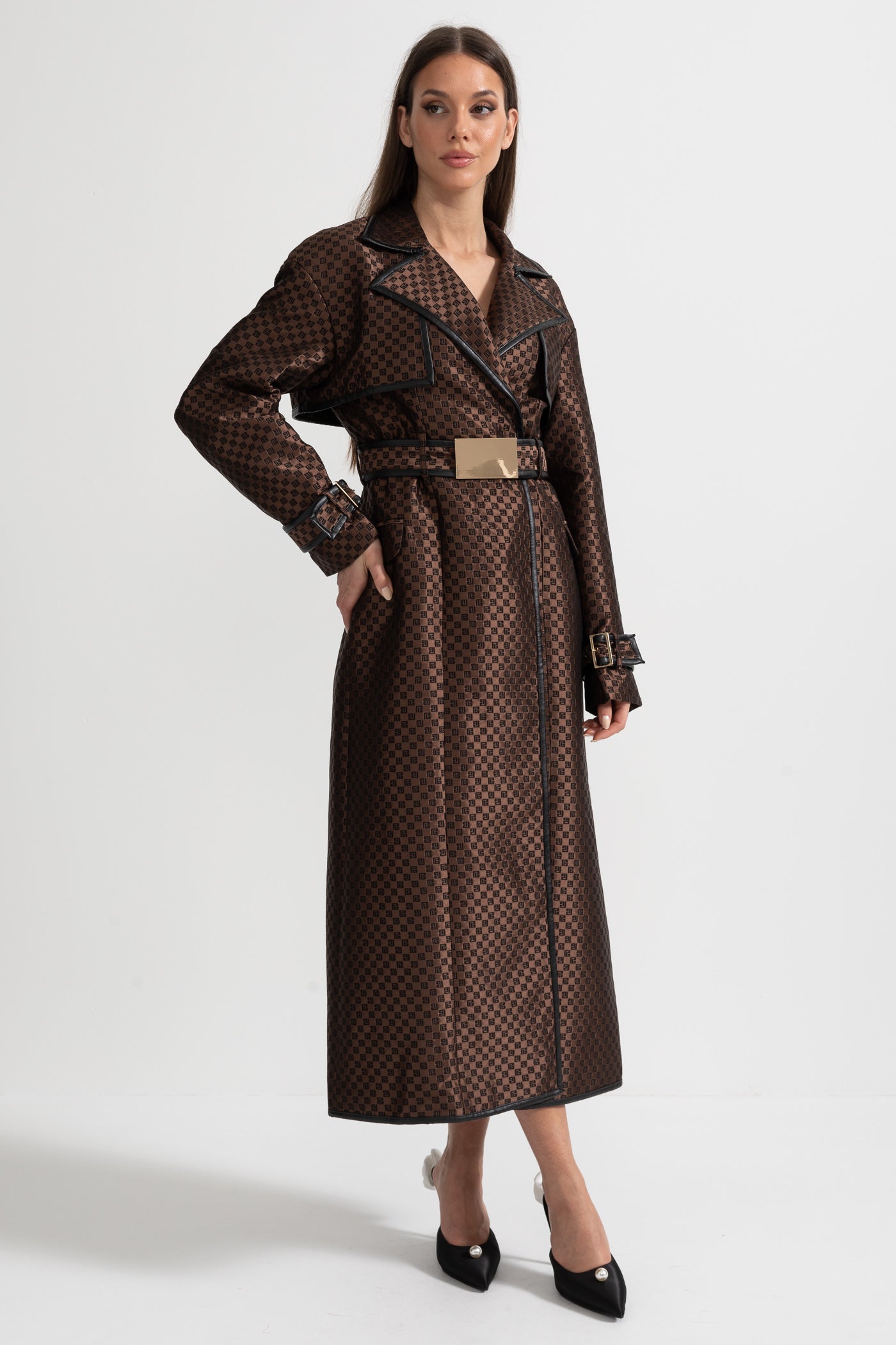 Women's Jacquard Trench Coat | Brown | Wide Lapel | Gold Buckle Belt | Steven & Levon