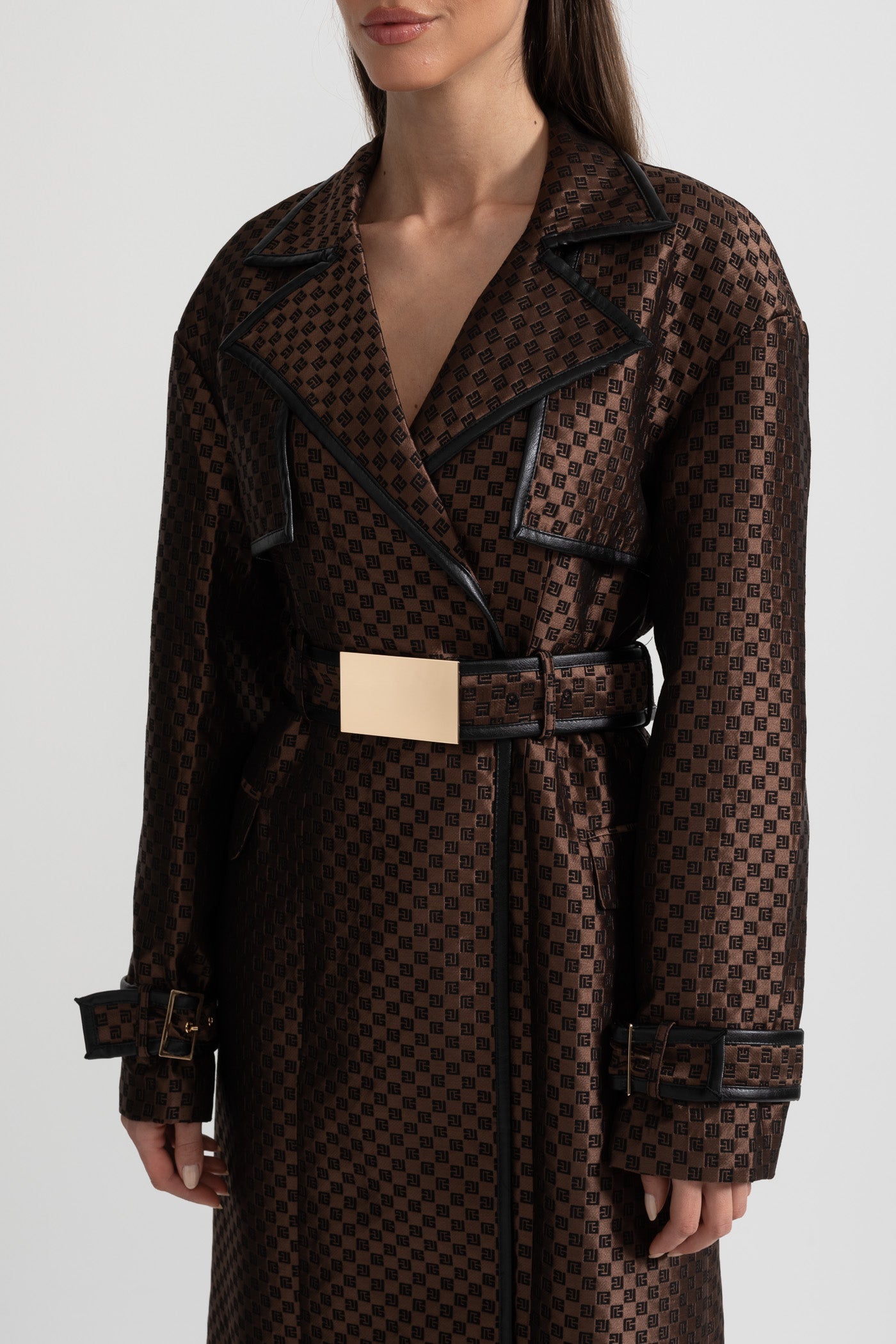 Women's Jacquard Trench Coat | Brown | Wide Lapel | Gold Buckle Belt | Steven & Levon