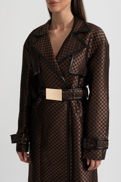 Women's Jacquard Trench Coat | Brown | Wide Lapel | Gold Buckle Belt | Steven & Levon