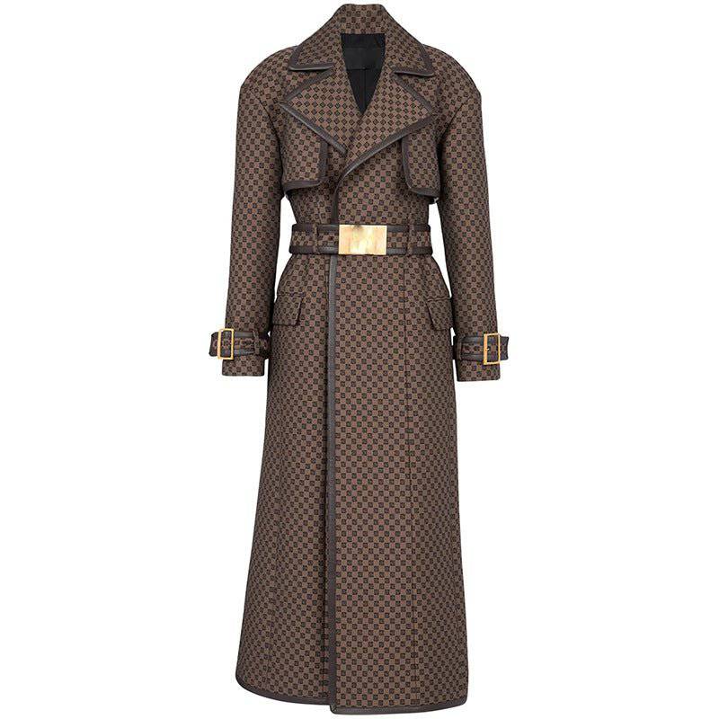 Women's Jacquard Trench Coat | Brown | Wide Lapel | Gold Buckle Belt | Steven & Levon