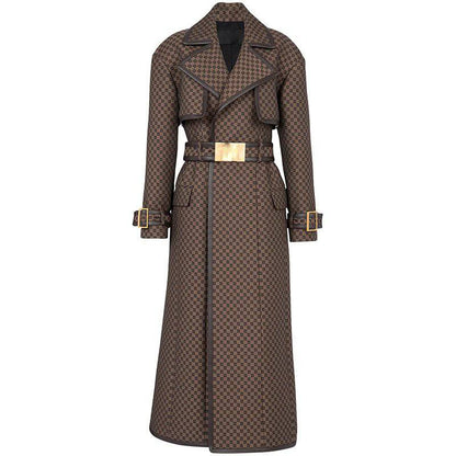 Women's Jacquard Trench Coat | Brown | Wide Lapel | Gold Buckle Belt | Steven & Levon