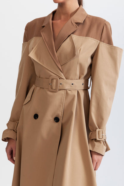 Women's Double Layer Trench Coat | Nude | Belted Waist | Long Overcoat | Steven & Levon