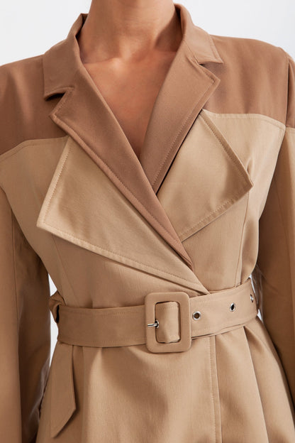 Women's Double Layer Trench Coat | Nude | Belted Waist | Long Overcoat | Steven & Levon