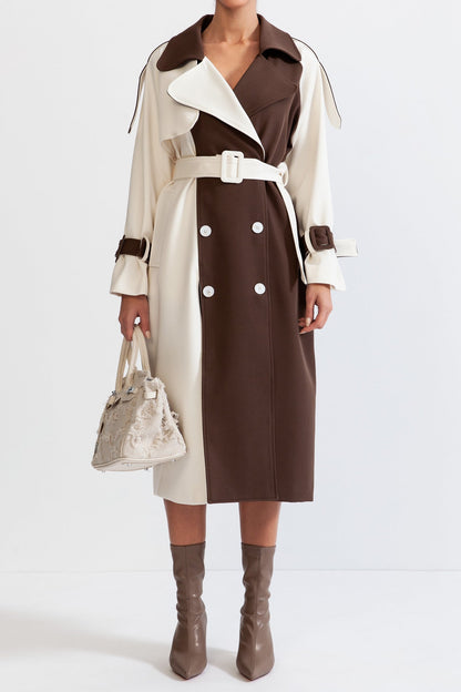 Women's Double-Breasted Trench Coat | Cotton Blend | Belted Waist, Mid-Calf Colorblock Outerwear | Steven & Levon