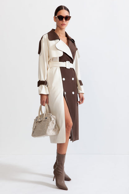 Women's Double-Breasted Trench Coat | Cotton Blend | Belted Waist, Mid-Calf Colorblock Outerwear | Steven & Levon