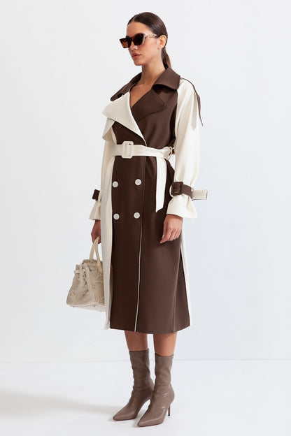 Women's Double-Breasted Trench Coat | Cotton Blend | Belted Waist, Mid-Calf Colorblock Outerwear | Steven & Levon