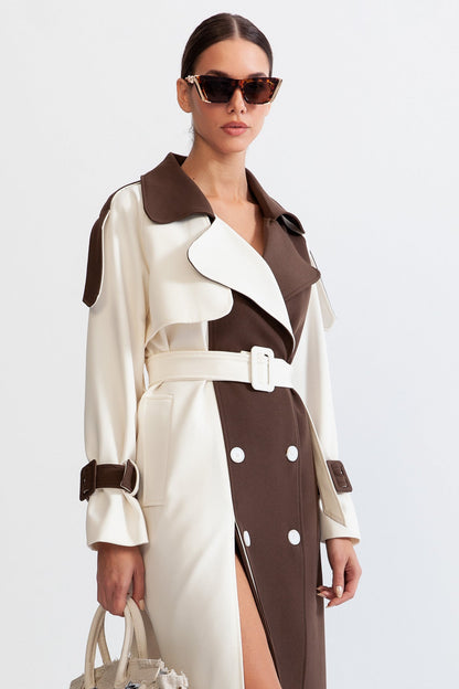 Women's Double-Breasted Trench Coat | Cotton Blend | Belted Waist, Mid-Calf Colorblock Outerwear | Steven & Levon