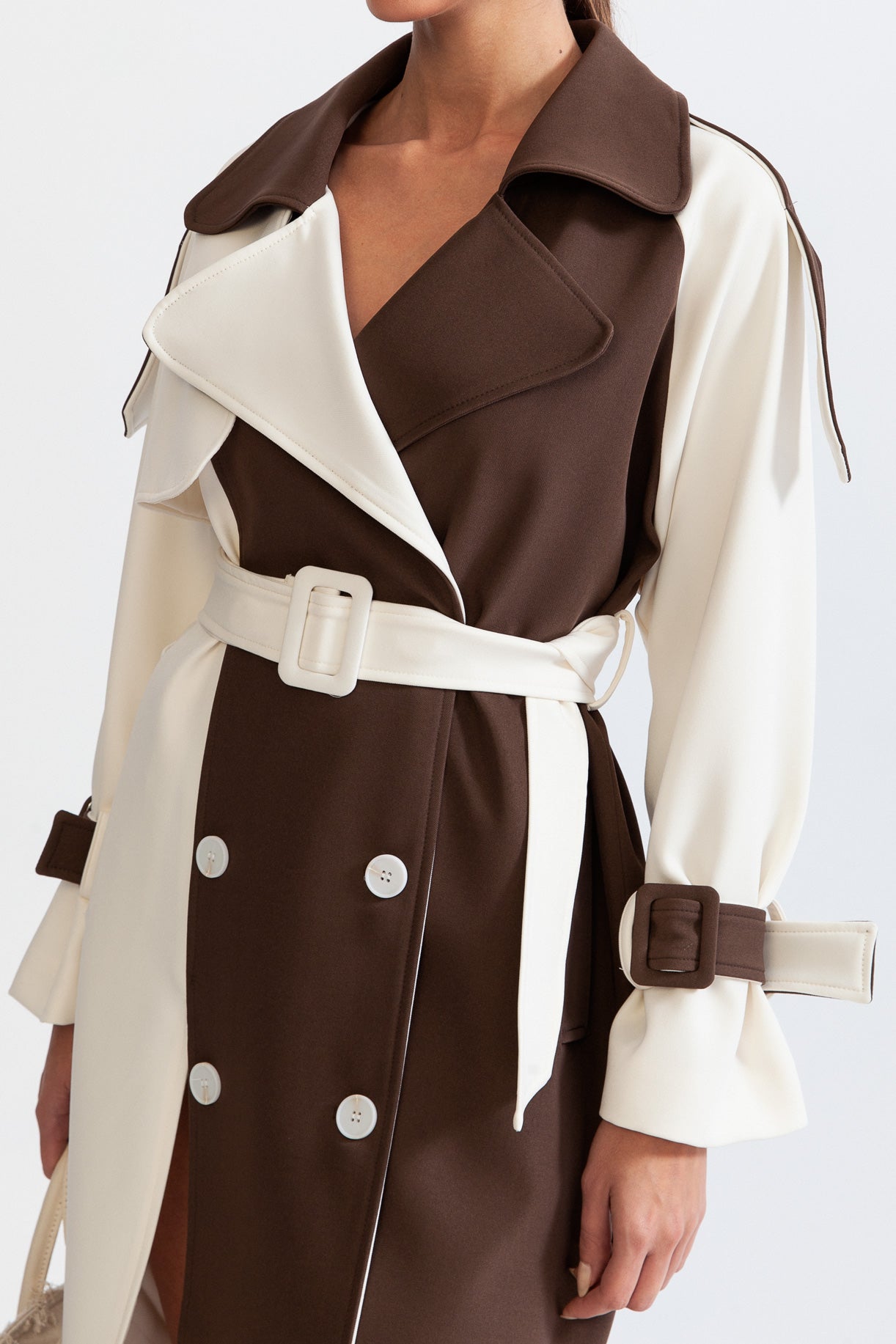 Women's Double-Breasted Trench Coat | Cotton Blend | Belted Waist, Mid-Calf Colorblock Outerwear | Steven & Levon