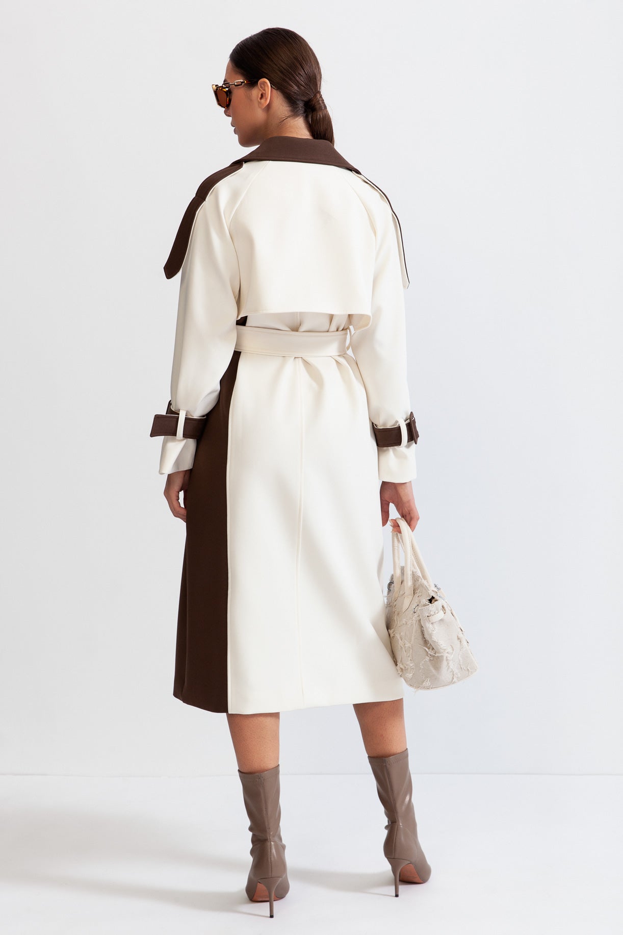 Women's Double-Breasted Trench Coat | Cotton Blend | Belted Waist, Mid-Calf Colorblock Outerwear | Steven & Levon