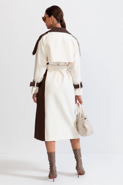 Women's Double-Breasted Trench Coat | Cotton Blend | Belted Waist, Mid-Calf Colorblock Outerwear | Steven & Levon