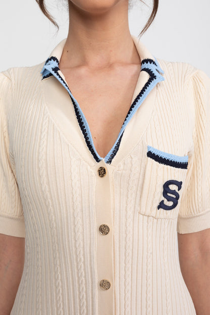 Polo Collar Knit Midi Dress | Women | Short Sleeve | Cream | Steven & Levon