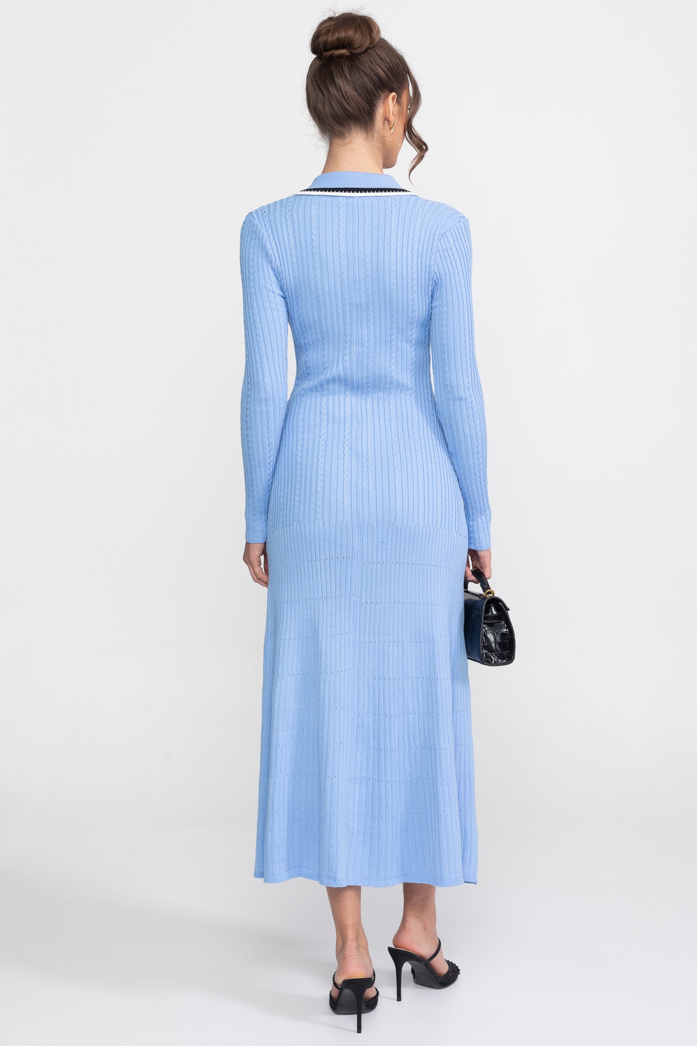 Polo Collar Knit Midi Dress | Women | Long Sleeve | Blue | Steven & Levon