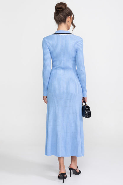 Polo Collar Knit Midi Dress | Women | Long Sleeve | Blue | Steven & Levon